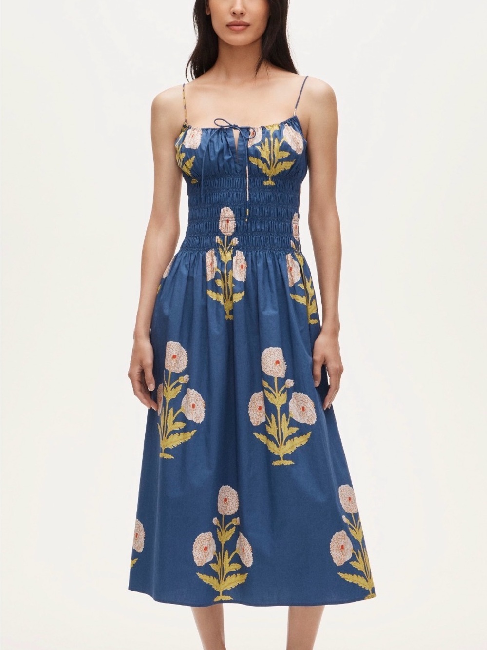 Blue Floral Smocked Midi Dress